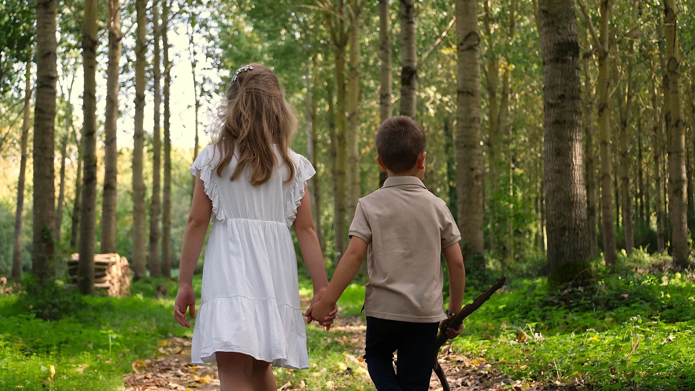 Deux enfants se tenant la main en marchant dans une forêt verdoyante